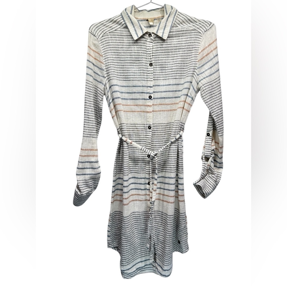Roxy Gauzy Striped Shirt Dress with Belt 100% Lightweight Cotton Button Front